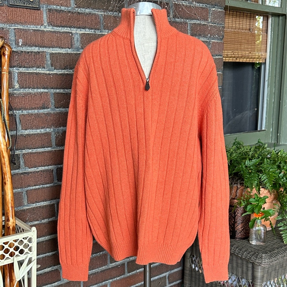Brooks Brothers Scottish lambswool orange 1/2 zip ribbed sweater. Size XL
